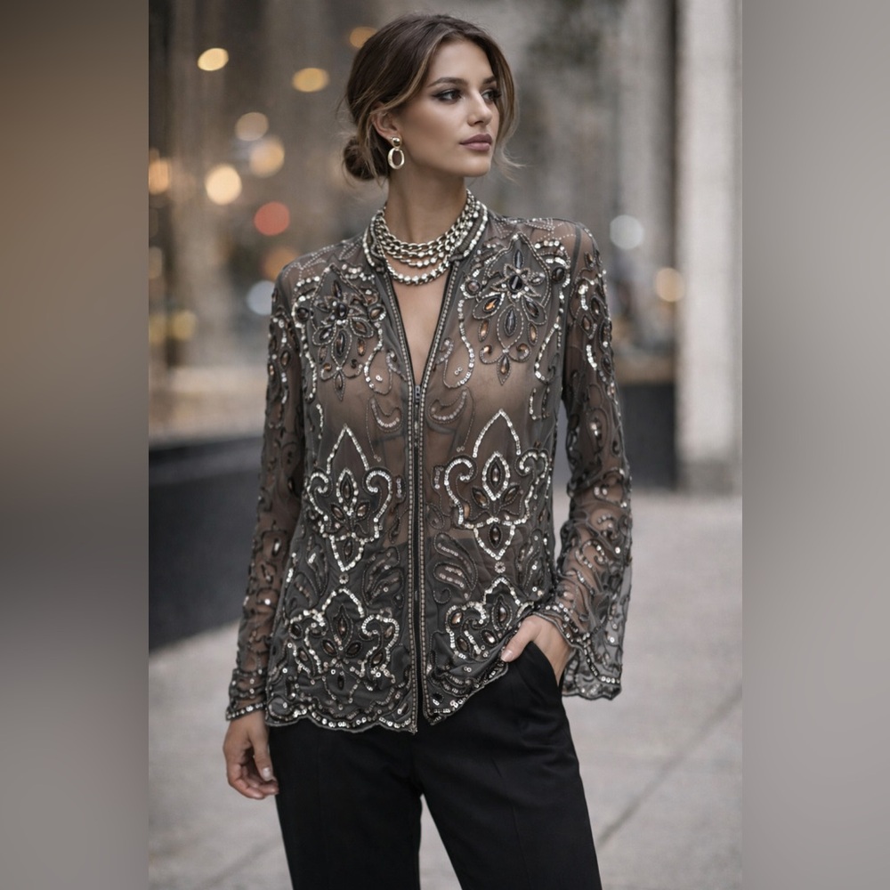 Vintage Together Beaded Sheer Blouse | Ornate Sequin Embellished Jacket Top | OS - Picture 4 of 10